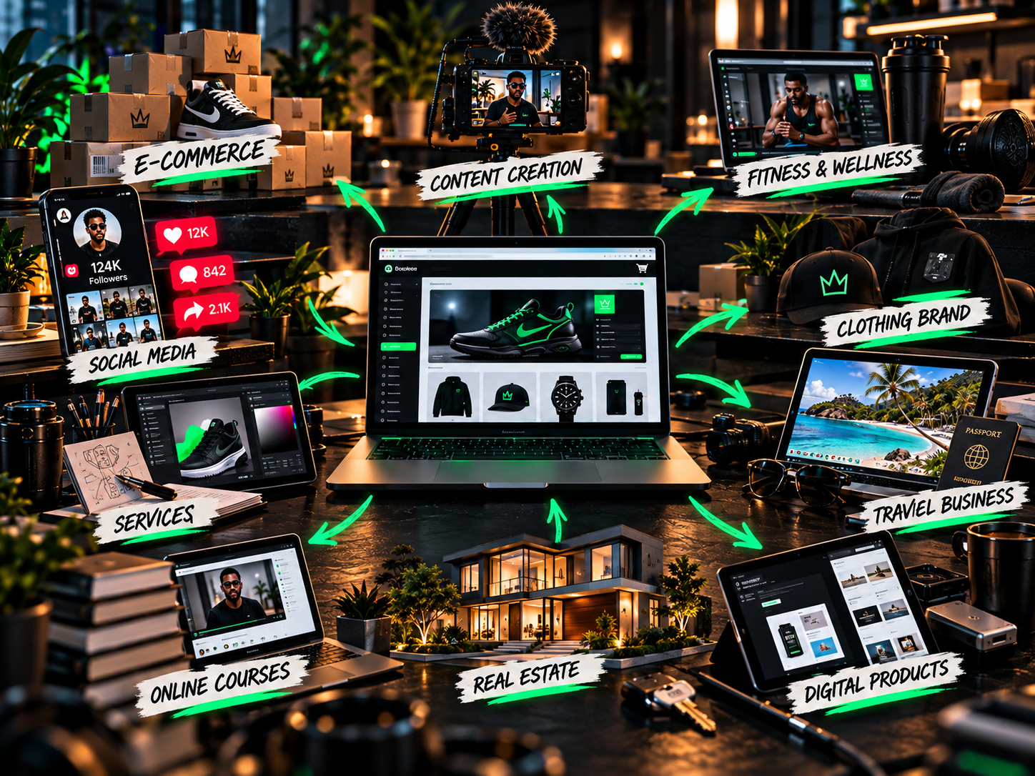 Modern entrepreneur workspace at night
